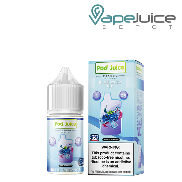 A 30ml bottle of Blue Razz Ice Pod Juice PJ 5000 Series TFN Salt and a box with a warning sign next to it - Vape Juice Depot