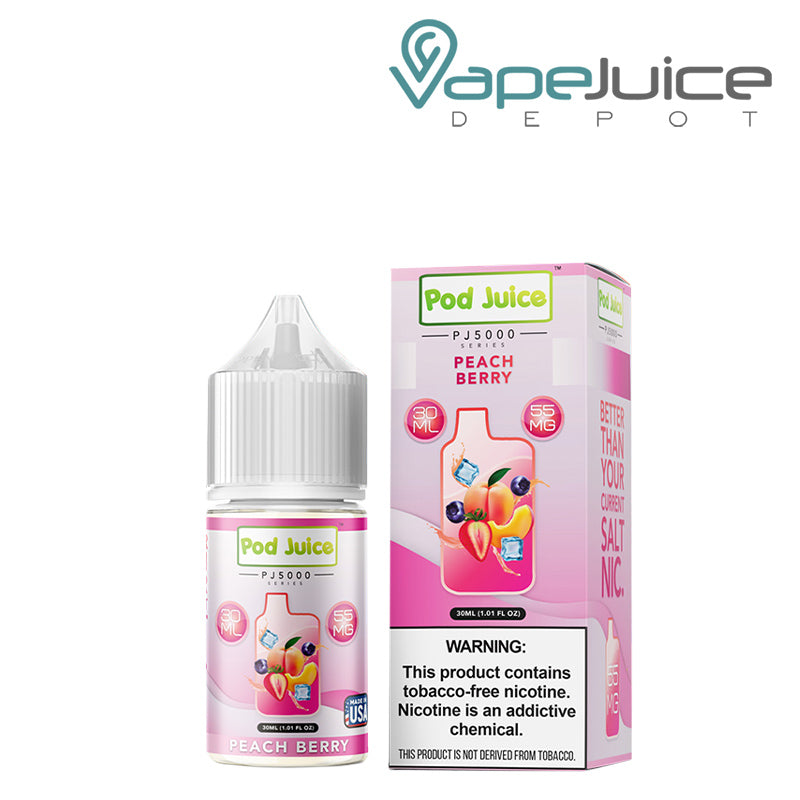 A 30ml bottle of Peach Berry Pod Juice PJ 5000 Series TFN Salt and a box with a warning sign next to it - Vape Juice Depot
