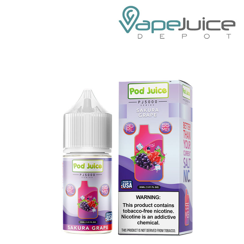 A 30ml bottle of Sakura Grape Pod Juice PJ 5000 Series TFN Salt and a box with a warning sign next to it - Vape Juice Depot