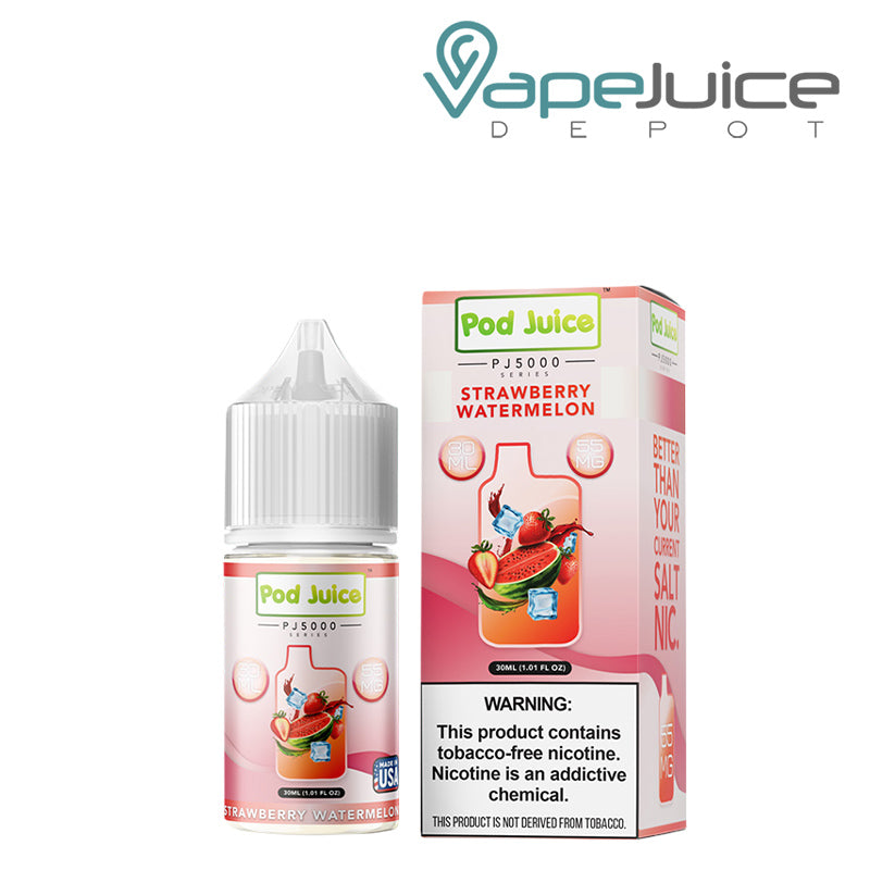 A 30ml bottle of Strawberry Watermelon Pod Juice PJ 5000 Series TFN Salt and a box with a warning sign next to it - Vape Juice Depot