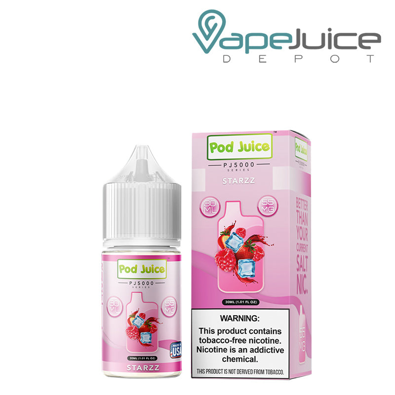 A 30ml bottle of Strazz Pod Juice PJ 5000 Series TFN Salt and a box with a warning sign - Vape Juice Depot