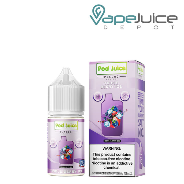 A 30ml bottle of Triple Berry Ice Pod Juice PJ 5000 Series TFN Salt and a box with a warning sign next to it - Vape Juice Depot