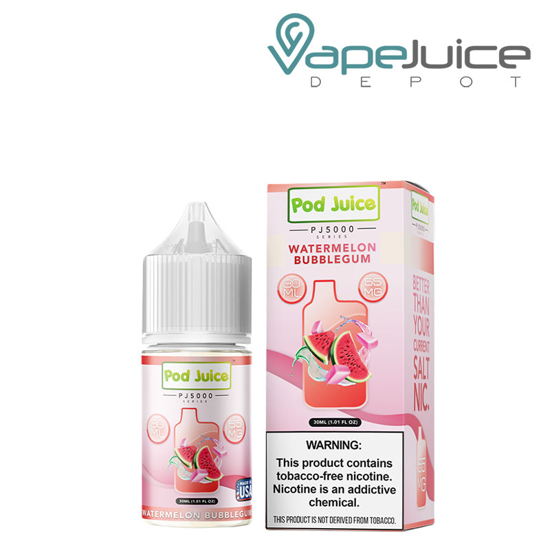 A 30ml bottle of Watermelon Bubblegum Pod Juice PJ 5000 Series TFN Salt and a box with a warning sign next to it - Vape Juice Depot