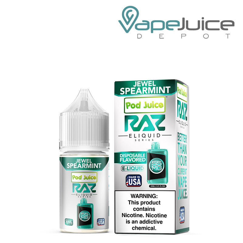 Jewel Spearmint Pod Juice X Raz TFN Salt 30ml next to its box - Vape Juice Depot