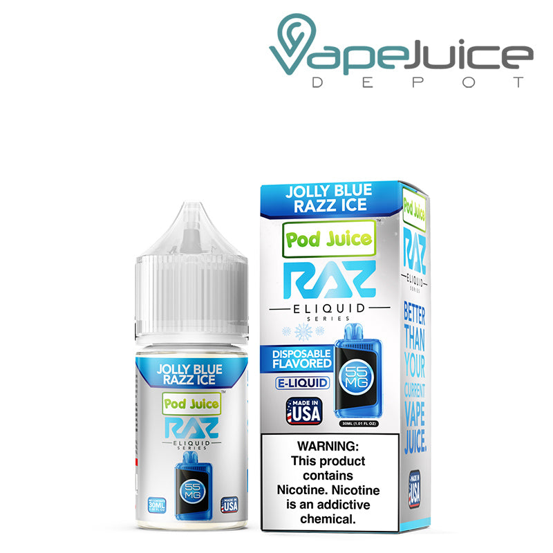 Jolly Blue Razz Ice Pod Juice X Raz TFN Salt 30ml next to its box - Vape Juice Depot