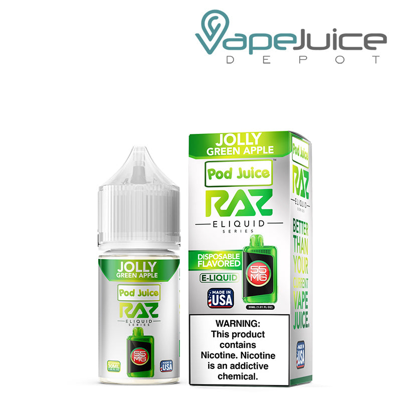 Jolly Green Apple Pod Juice X Raz TFN Salt 30ml next to its box - Vape Juice Depot