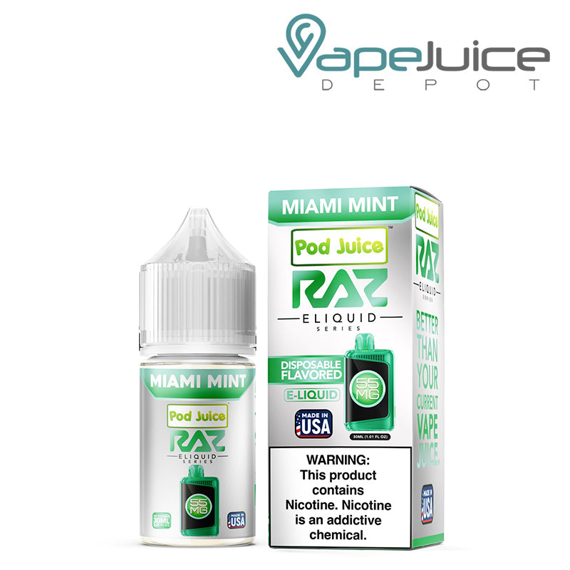 Miami Mint Pod Juice X Raz TFN Salt 30ml next to its box - Vape Juice Depot