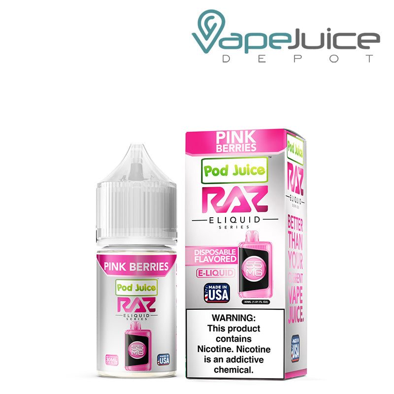 Pink Berries Pod Juice X Raz TFN Salt 30ml next to its box - Vape Juice Depot