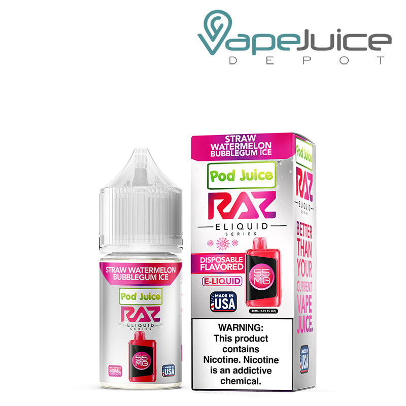 Straw Watermelon Bubblegum Ice Pod Juice X Raz TFN Salt 30ml next to its box - Vape Juice Depot