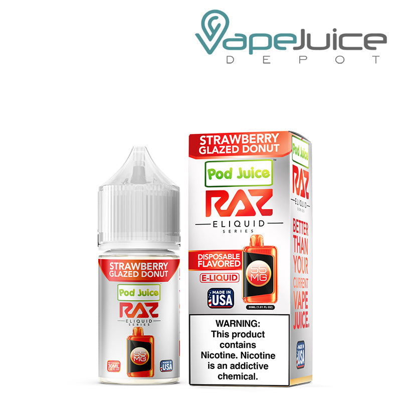 Strawberry Glazed Donut Pod Juice X Raz TFN Salt 30ml next to its box - Vape Juice Depot