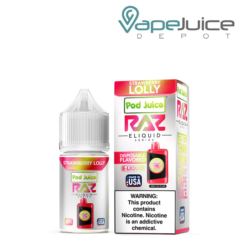 Strawberry Lolly Pod Juice X Raz TFN Salt 30ml next to its box - Vape Juice Depot