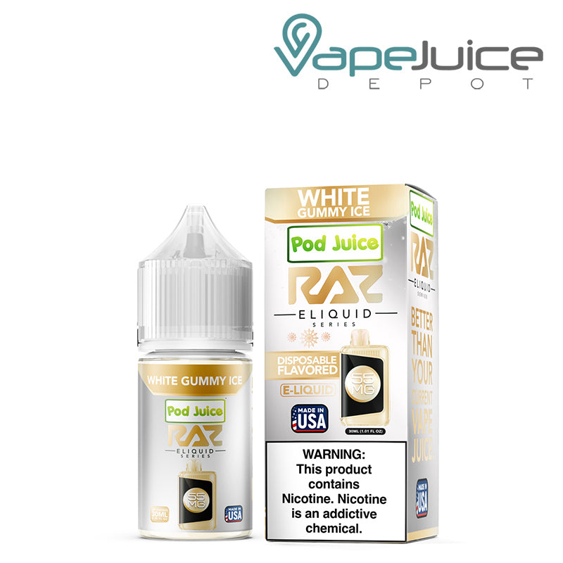 White Gummy Ice Pod Juice X Raz TFN Salt 30ml next to its box - Vape Juice Box