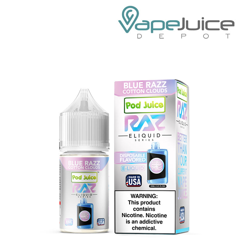 Blue Razz Cotton Clouds Pod Juice X Raz TFN Salt 30ml next to its box - Vape Juice Depot