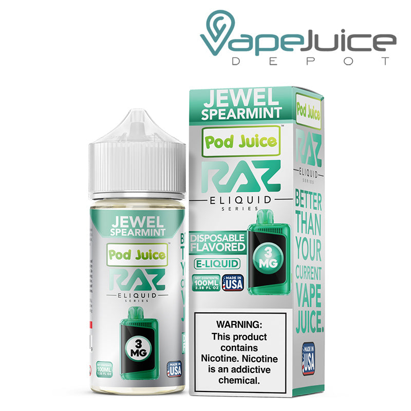 Jewel Spearmint Pod Juice X Raz TFN 100ml next to its box - Vape Juice Depot