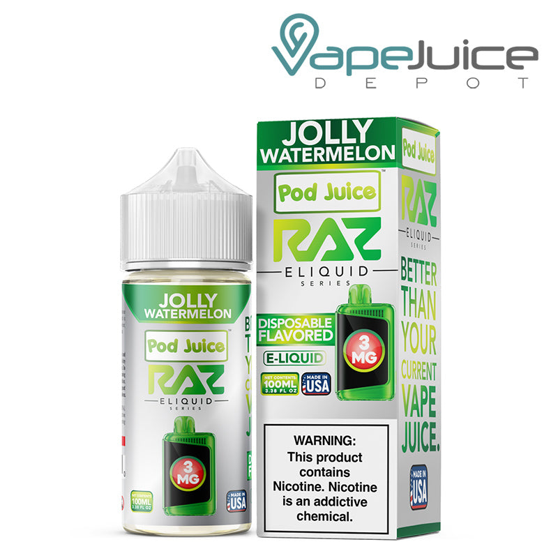 Jolly Watermelon Pod Juice X Raz TFN 100ml next to its box - Vape Juice Depot