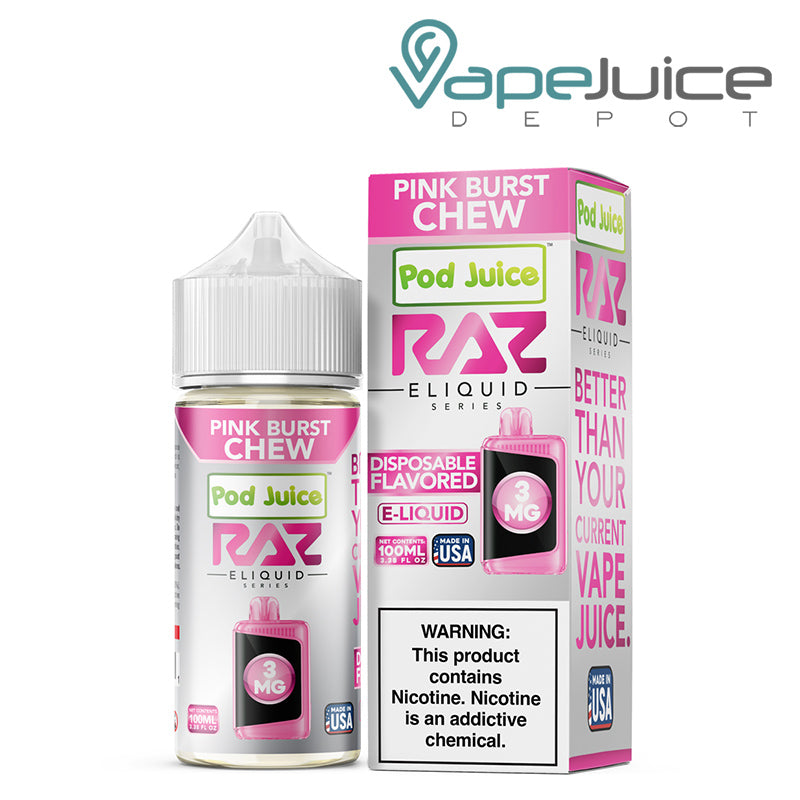 Pink Burst Chew Pod Juice X Raz TFN 100ml next to its box - Vape Juice Depot