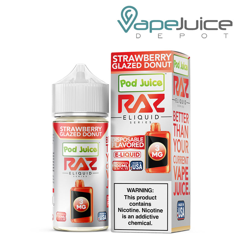 Strawberry Glazed Donut Pod Juice X Raz TFN 100ml next to its box - Vape Juice Depot