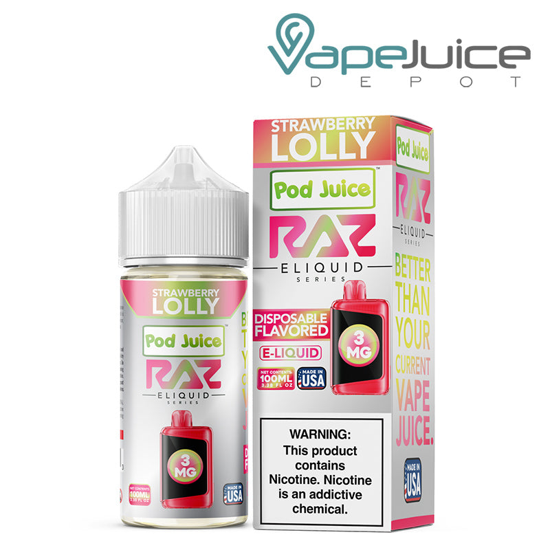 Strawberry Lolly Pod Juice X Raz TFN 100ml next to its box - Vape Juice Depot