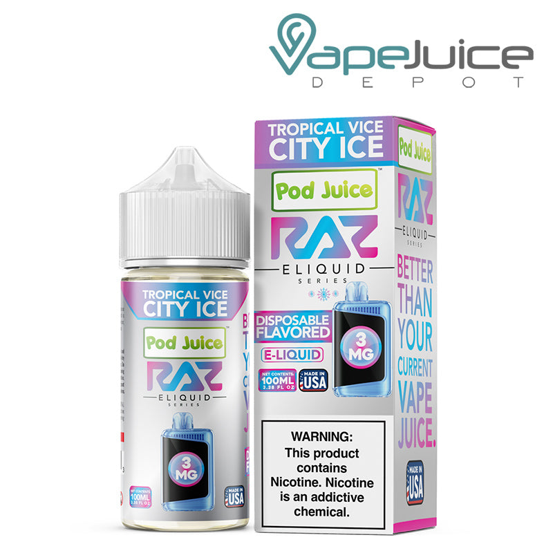 Tropical Vice City Ice Pod Juice X Raz TFN 100ml next to its box - Vape Juice Depot