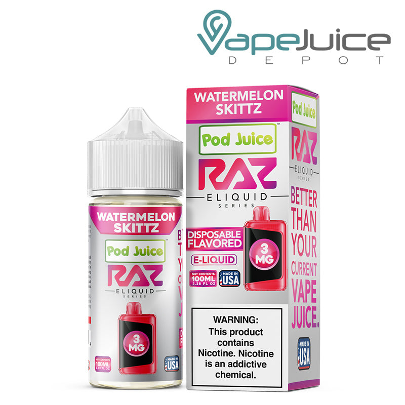 Watermelon Skittz Pod Juice X Raz TFN 100ml next to its box - Vape Juice Depot