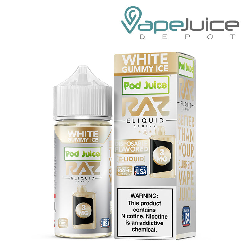 White Gummy Ice Pod Juice X Raz TFN 100ml next to its box - White Gummy Ice Pod Juice X Raz TFN 100m - Vape Juice Depot