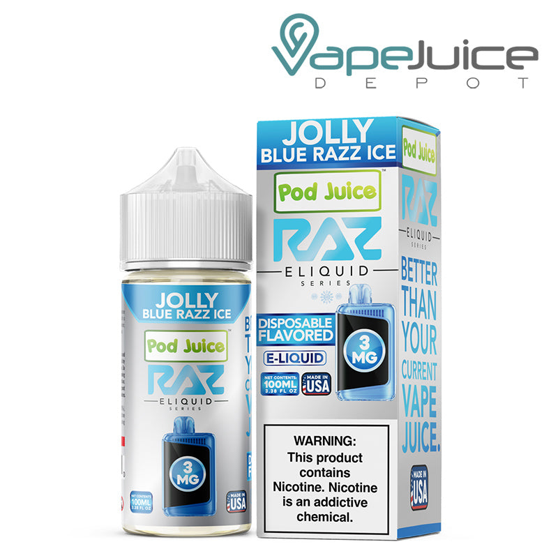 Jolly Blue Razz Ice Pod Juice X Raz TFN 100ml next to its box - Vape Juice Depot