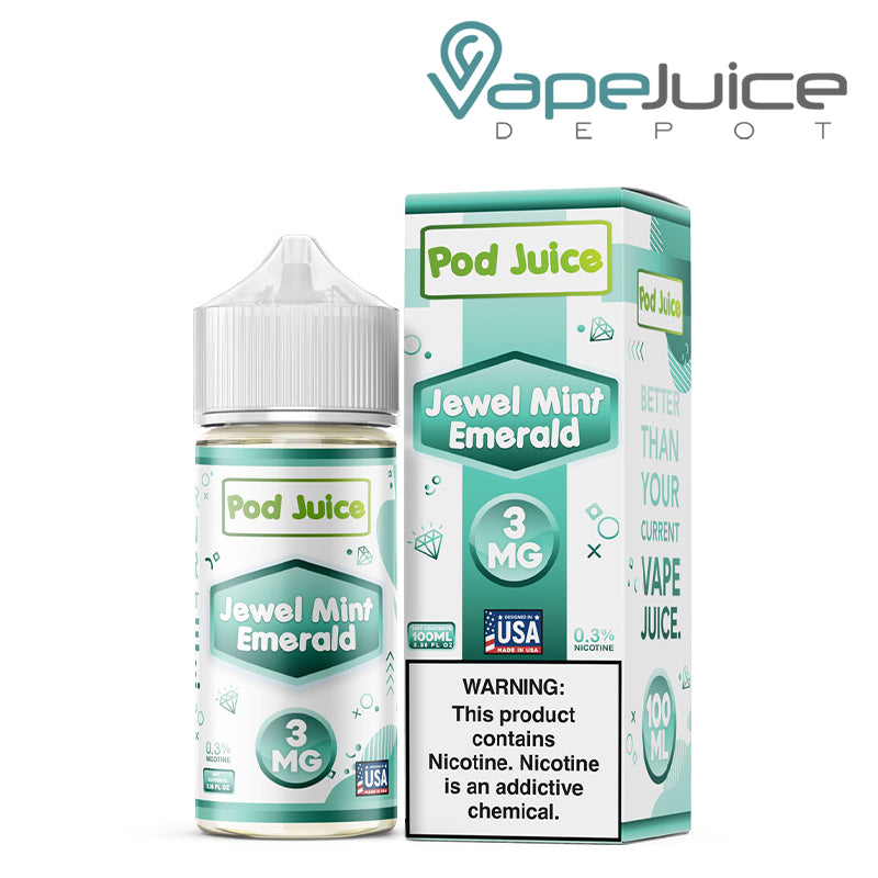 A 100ml bottle of Jewel Mint Emerald Pod Juice TFN and a box with a warning sign next to it - Vape Juice Depot