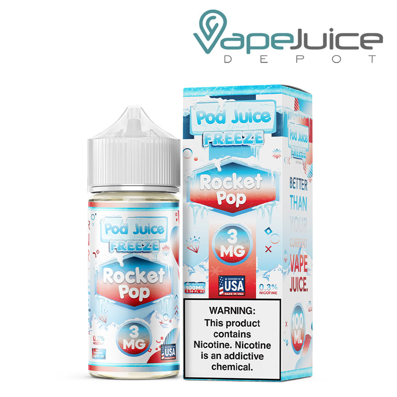 A 100ml bottle of Rocket Pop Freeze Pod Juice TFN and a box with a warning sign next to it - Vape Juice Depot