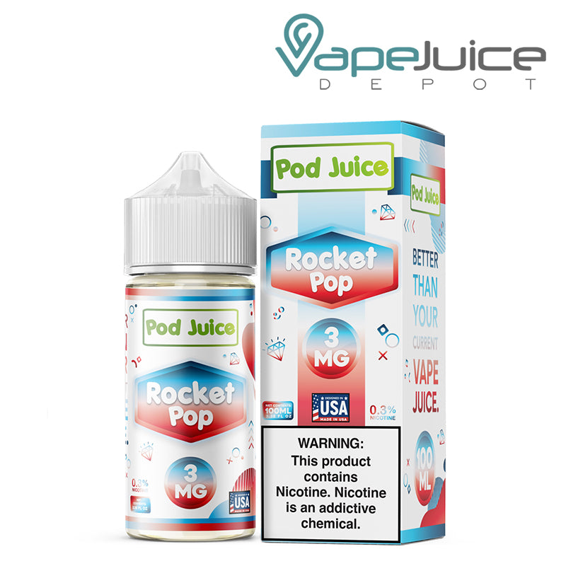 A 100ml bottle of Rocket Pop Pod Juice TFN and a box with a warning sign next to it - Vape Juice Depot