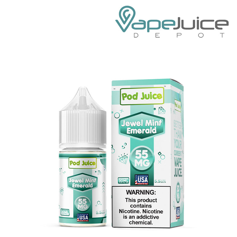 A 30ml bottle of Jewel Mint Emerald Pod Juice TFN Salt and a box with a warning sign next to it - Vape Juice Depot