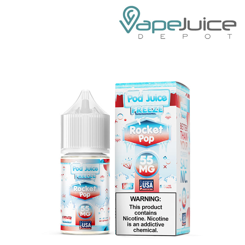 A 30ml bottle of Rocket Pop Freeze Pod Juice TFN Salt and a box with a warning sign next to it - Vape Juice Depot