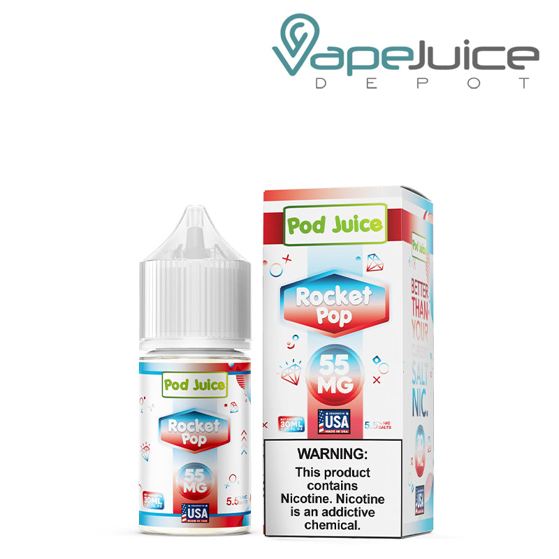 A 30ml bottle of Rocket Pop Pod Juice TFN Salt and a box with a warning sign next to it - Vape Juice Depot