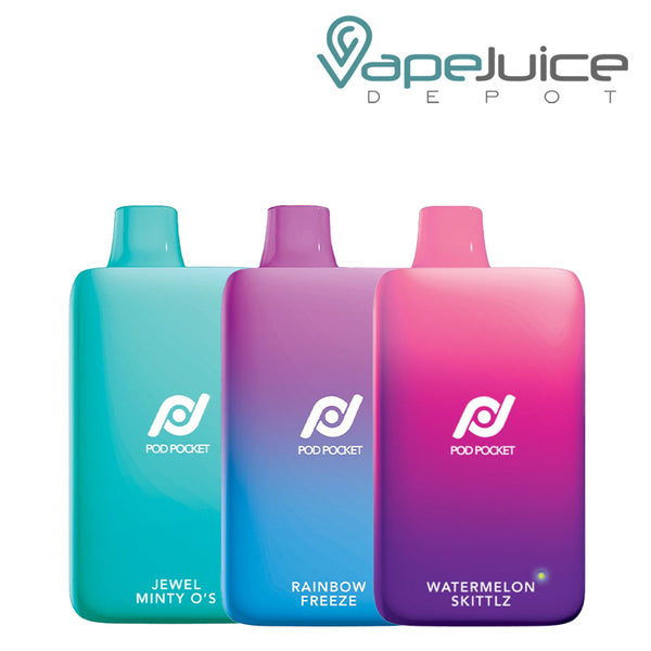 Three flavors of Pod Pocket 7500 Zero Nicotine Disposable - Vape Juice Depot
