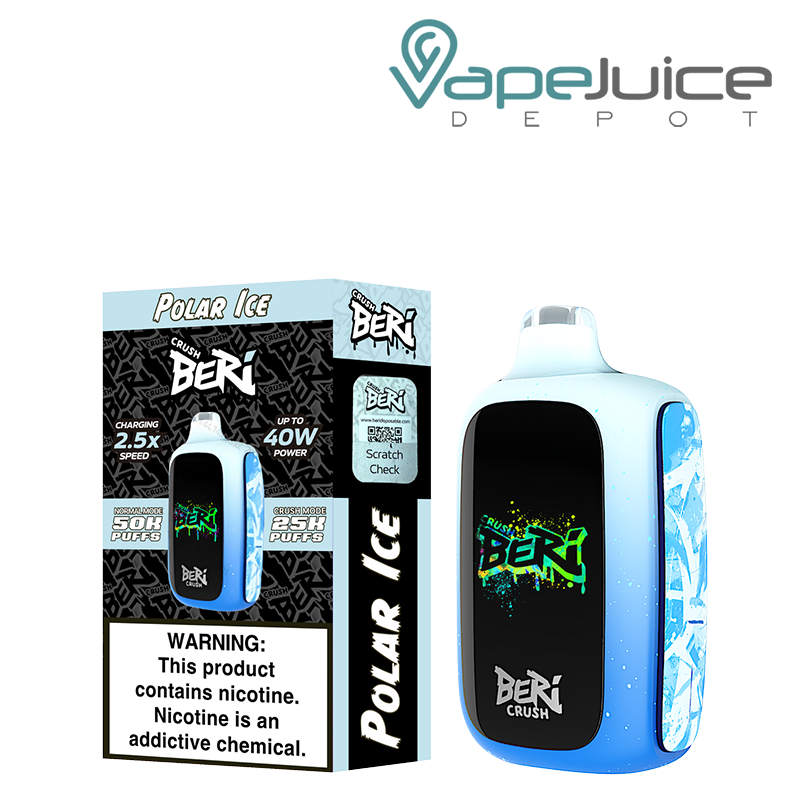A Box of Polar Ice Beri Crush 50K Disposable with a warning sign and a device with HD screen next to it - Vape Juice Depot