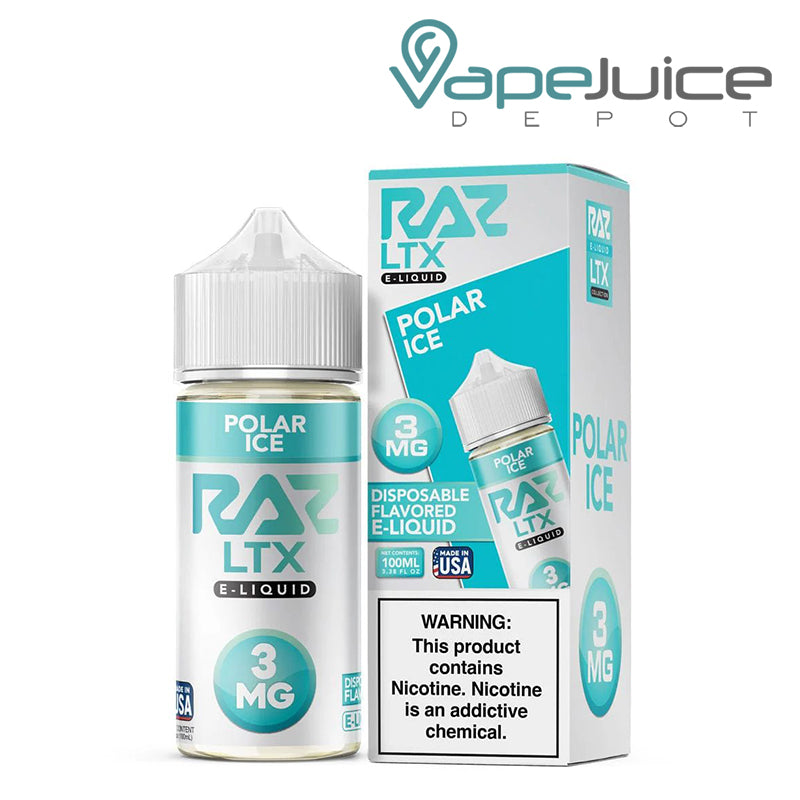 A box of Polar Ice Pod Juice x Raz LTX eLiquid with a warning sign and a 100ml bottle next to it - Vape Juice Depot