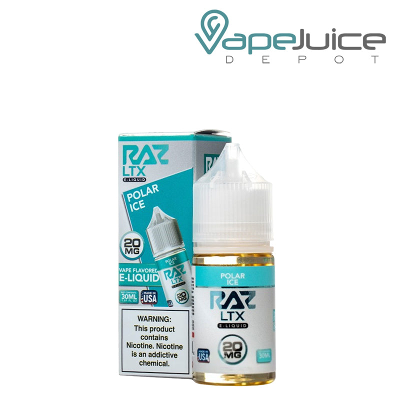A box of Polar Ice Pod Juice x Raz LTX salt with a warning sign and a 30ml bottle next to it - Vape Juice Depot
