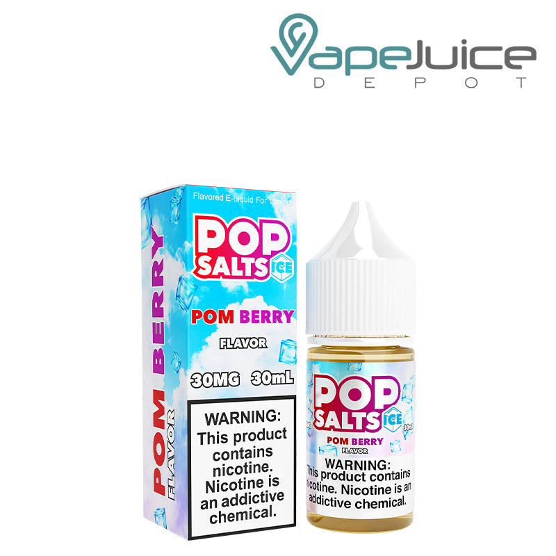 A box of Pom Berry Ice Pop Salts 30ml with a warning sign and a bottle next to it - Vape Juice Depot