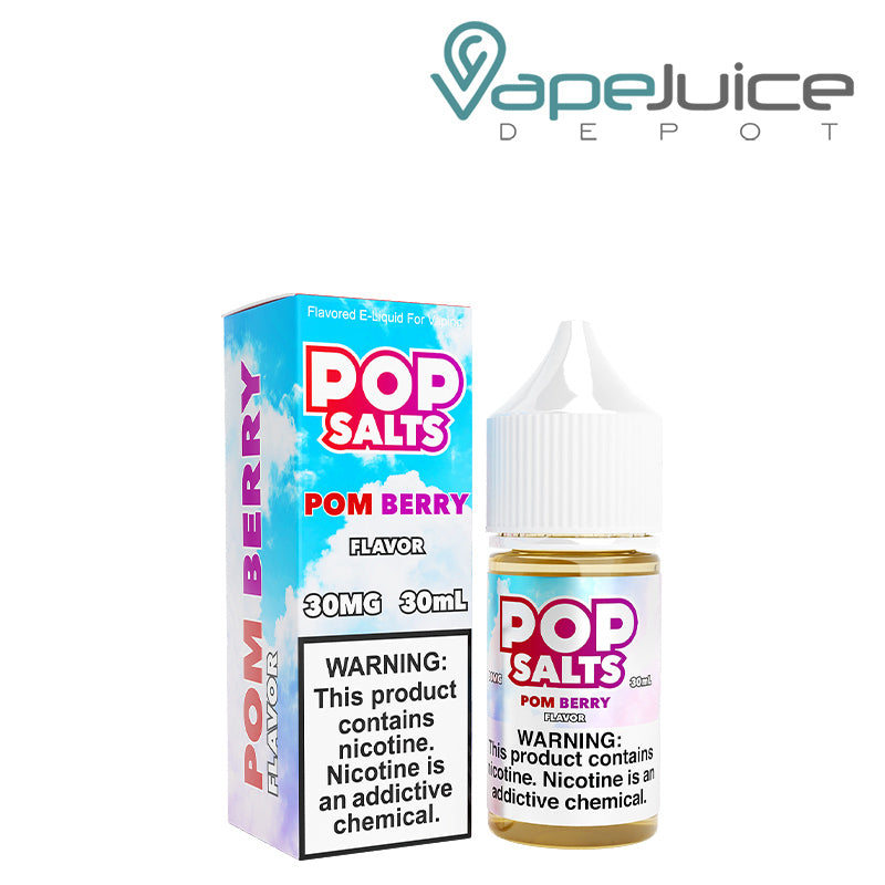A box of Pom Berry Pop Salts 30ml with a warning sign and a bottle next to it - Vape Juice Depot