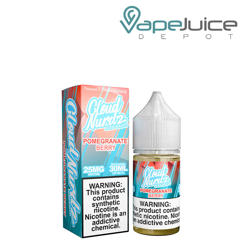 A Box of Pomegranate Berry Ice TFN Salts Cloud Nurdz with a warning sign and a 30ml Bottle next to it - Vape Juice Depot