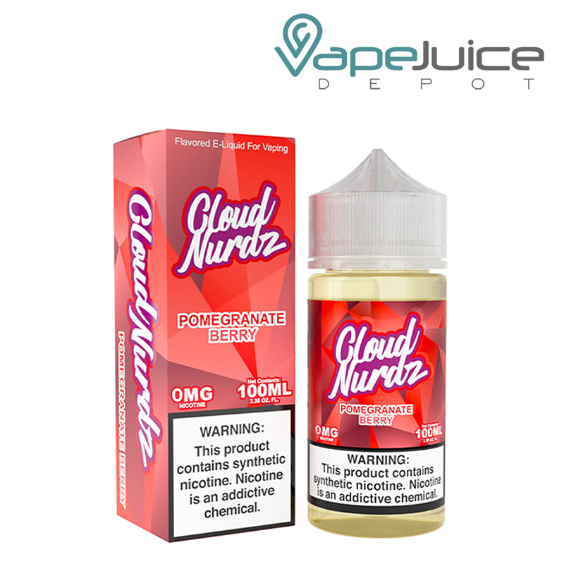 A Box of Pomegranate Berry TFN Cloud Nurdz with a warning sign and a 100ml Bottle next to it - Vape Juice Depot