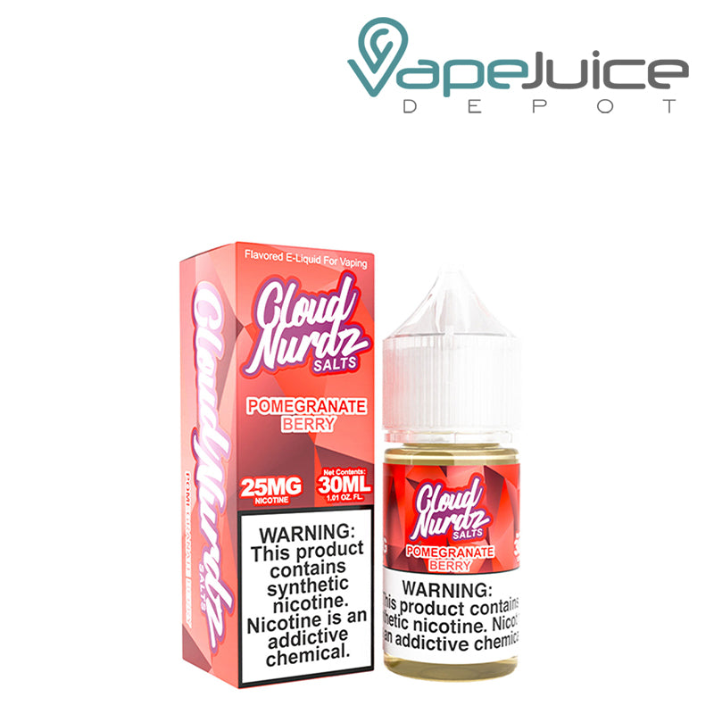 A Box of Pomegranate Berry TFN Salts Cloud Nurdz with a warning sign and a 30ml Bottle next to it - Vape Juice Depot