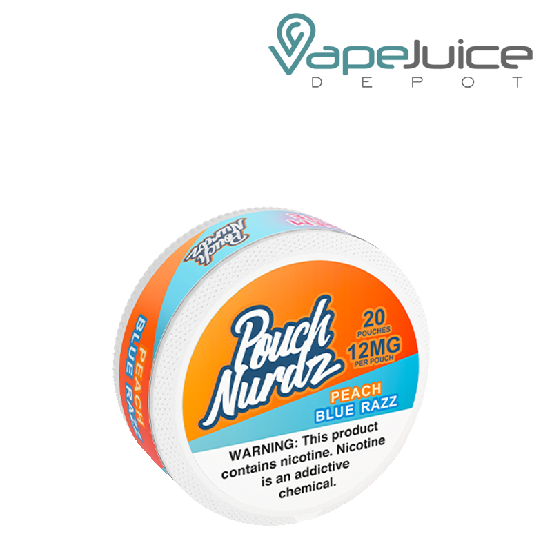 A 12mg Pouch Nurdz Peach Blue Razz Nicotine Pouches with a warning sign - Vape Juice Depot