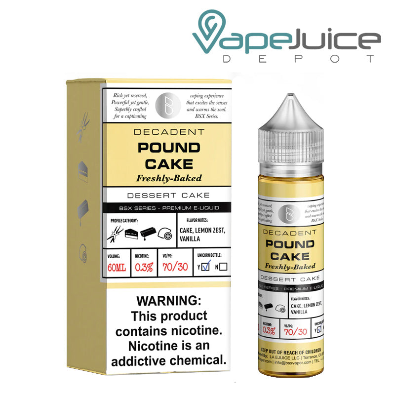 A box of Pound Cake Glas Basix Series with a warning sign and a 60ml bottle next to it - Vape Juice Depot