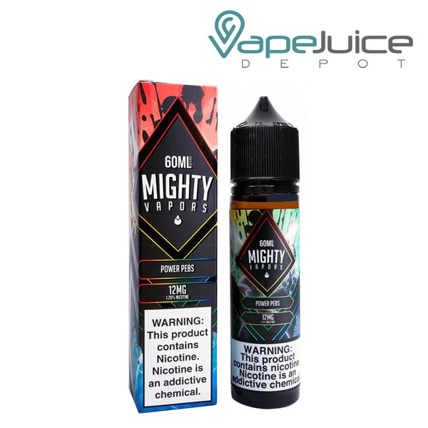 A box of Power Pebs Mighty Vapors eLiquid with a warning sign and a 60ml bottle next to it - Vape Juice Depot