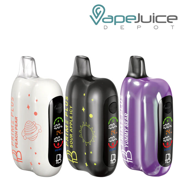 Three Flavors of Prime Plus 26000 Disposable with display screen and firing button - Vape Juice Depot