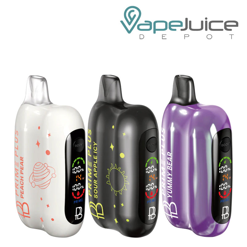 Three Flavors of Prime Plus 26000 Disposable with display screen and firing button - Vape Juice Depot
