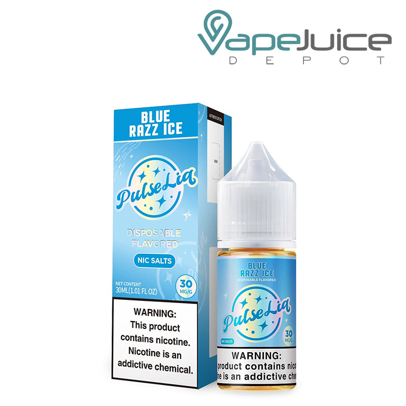 A Box of Blue Razz Ice Pulse Liq Salts with a warning sign next to its 30ml bottle - Vape Juice Depot