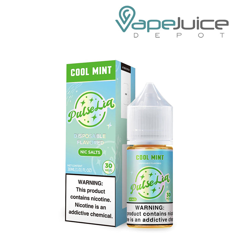 A Box of Cool Mint Pulse Liq Salts with a warning sign next to its 30ml bottle - Vape Juice Depot