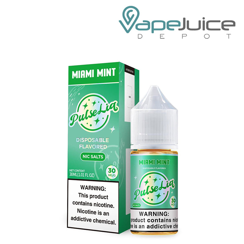 A Box of Miami Mint Pulse Liq Salts with a warning sign next to 30ml bottle - Vape Juice Depot