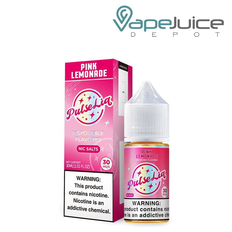 A Box of Pink Lemonade Pulse Liq Salts  with a warning sign next to its 30ml bottle - Vape Juice Depot